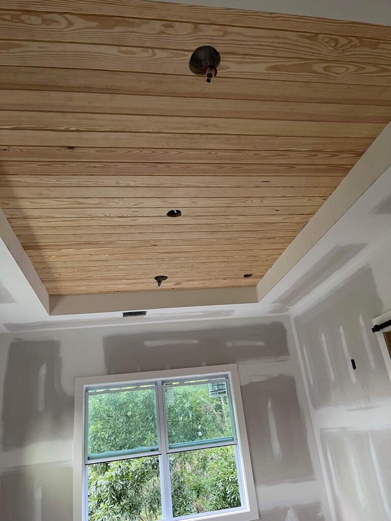 Tongue and groove wood plank ceiling detail